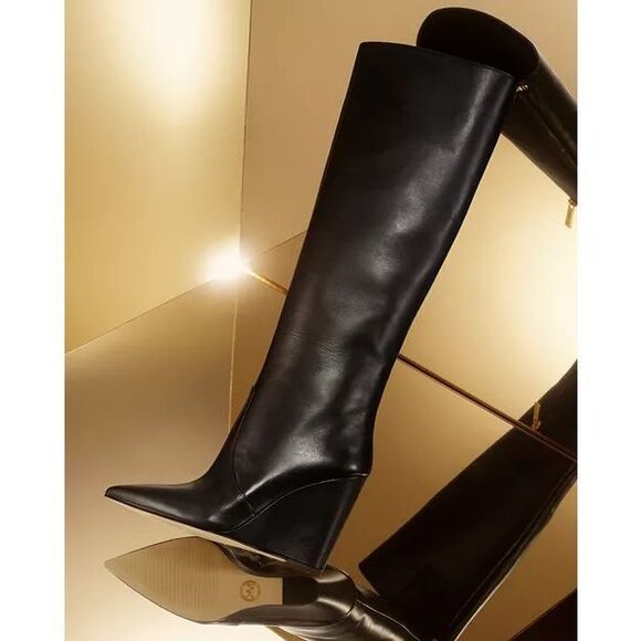 Michael Kors Isra Wedge Heel Pointed Toe Leather Knee High Tall Boots Black Sz 9 - Picture 1 of 11